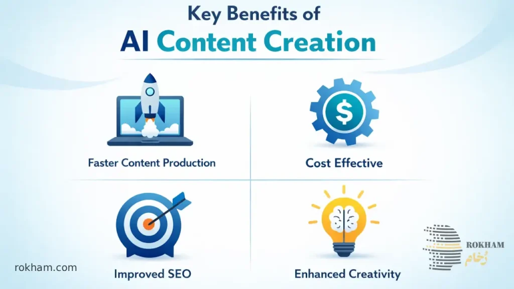 تولید محتوا با هوش مصنوعی | از ایدهپردازی تا استراتژی انسانی 4 مزایای کلیدی تولید محتوا با هوش مصنوعی
